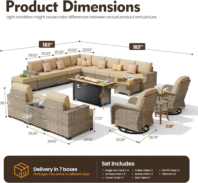 HOOOWOOO Sectional Patio Furniture Set with Fire Pit Table,17 Pieces Wicker Outdoor Furniture L Shaped Couch,Outside Conversation Set Extra Deep Sofa Wide Arm Swivel Chairs Ottoman Solar Light,Beige
