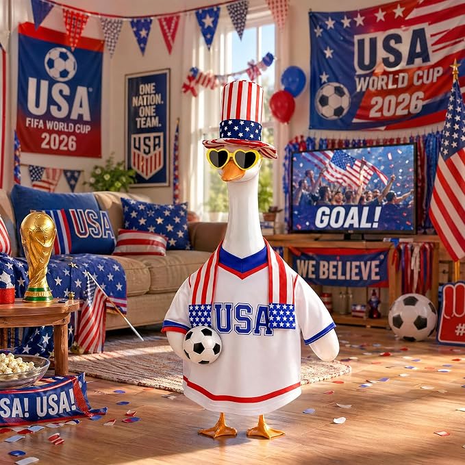2026 World Cup Porch Goose Outfit, 23" High Lawn Goose Statue Soccer Fan Costume Clothing, FIFA World Cup 2026 Porch Garden Geese Clothes with Hat for Outdoor Patio Yard