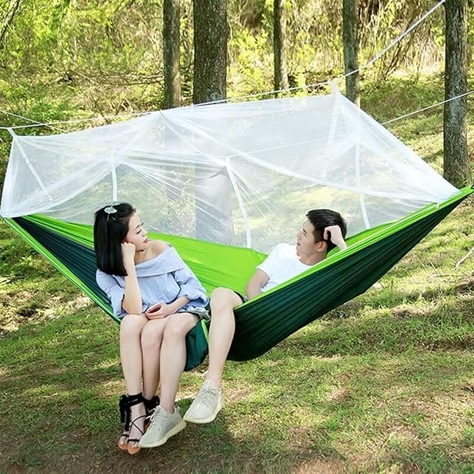 Hangmat Hammock with Net, Double & Single Portable Outdoor Hammocks Parachute Lightweight Nylon with Tree Straps Buiten Hammock(Blue)