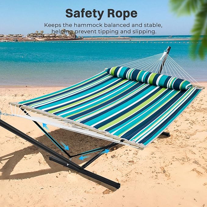 SUPERJARE Hammock with Stand, 2 Person Quilted Outdoor Hammock, Detachable Pillow & Bamboo Spreaders, Portable Hammock with Carrying Bag, Heavy Duty Stand, Perfect for Outside, Patio, Dark Cyan