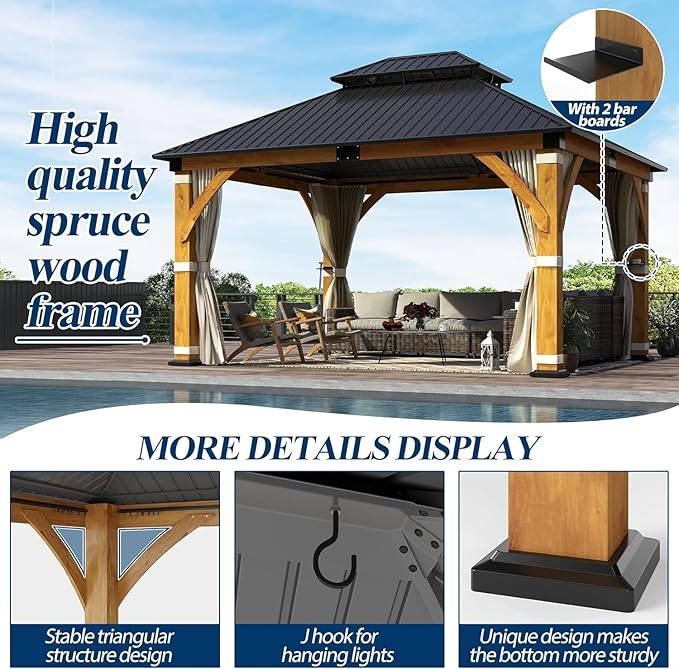 COVERONICS 13FT x 15FT Outdoor Spruce Wood Gazebo - Patio Wooden Frame Gazebo with Galvanized Steel Double Roof, Heavy-Duty Hardtop Gazebos with Netting & Curtains for Garden, Poolside, Deck, Backyard