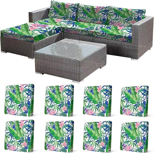 CALBODE 8 Pcs Outdoor Seat Cushion Covers, Stretch Chair Seat Cover for Patio Furniture Cushions Washable Reusable Indoor and Outdoor Couch Cover Replacement (Tropical Plant, Cover Only)