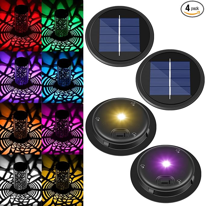 4 Pack Replacement Solar Light Parts 2 Mode Warmwhite and RGB Color-Changing ,Solar Lights Replacement Top, Inserts for Lanterns, Waterproof DIY Outdoor Garden Patio Decor 3.53inch