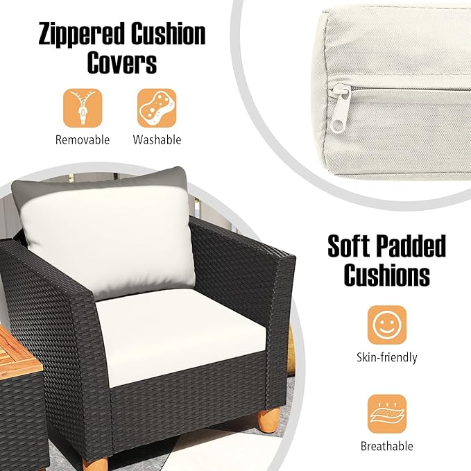 Tangkula 3 Pieces Patio Porch Furniture Set, PE Rattan Wicker Chair Conversation Set with Cushions and Storage Table, Outdoor Acacia Wood Bistro Set for Garden, Poolside (White)