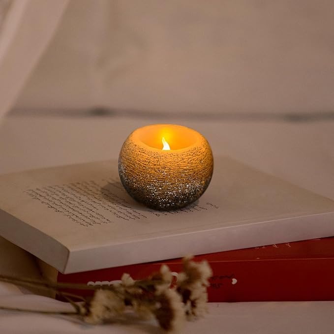 FURORA LIGHTING Small Black Glittery Real Wax Flameless Candles Pack of 3, LED Flickering Round Candles Perfect for Wedding Décor, 2.4’’(W) x 1.6’’(H), Battery Included