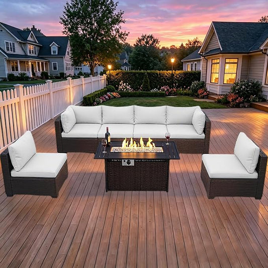 LEVELEVE 8-Piece Wicker Patio Conversation Set with 44" Propane Fire Pit Table, Cozy Outdoor Sectional Sofa for Backyard Gatherings, Poolside Lounging & Garden Parties