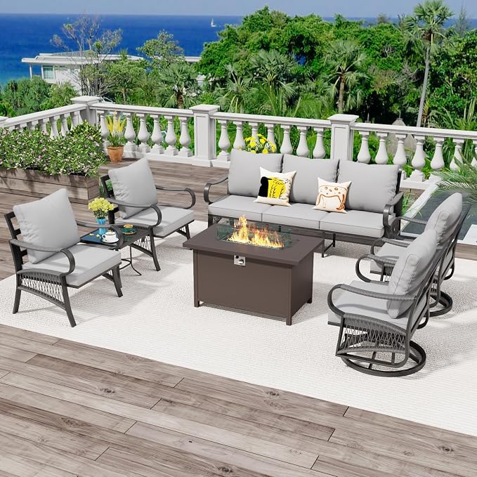 7 Piece Patio Furniture Set, All Weather Metal Outdoor Conversation Set with 50000 BTU Propane Fire Pit Table and 5" Thick Cushions, Sectional Sofa for Garden, Porch, Lawn, Grey