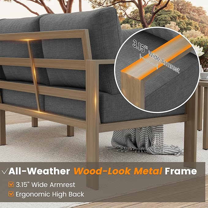 6 Pieces Patio Furniture Set, Wood-Look Metal Outdoor Sectional Furniture Conversation Set, L Shape Patio Couch with Side Table, 6.5" Thick Olefin Cushions for Garden, Backyard, Deck(Dark Grey)