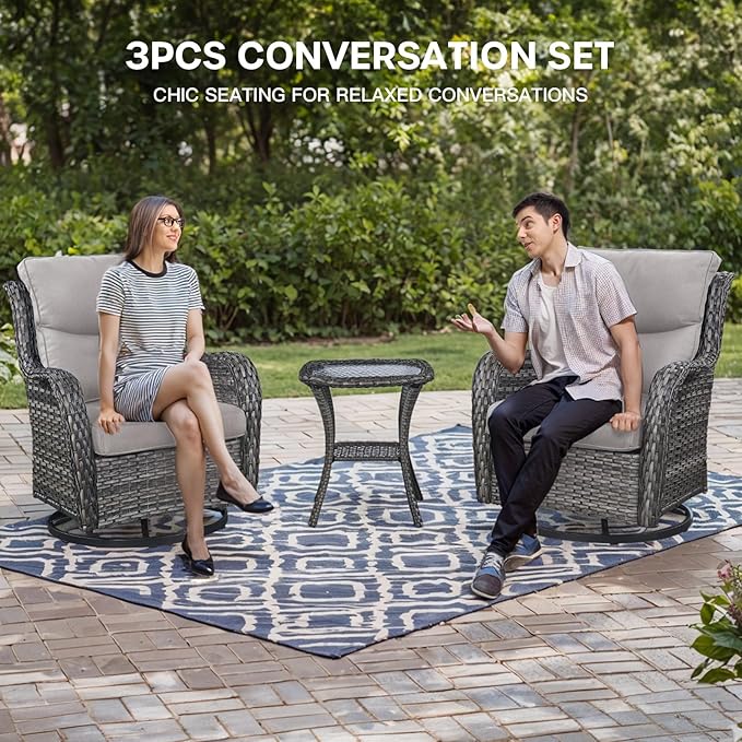 Patio Swivel Chairs with Smile-Shaped Cushions, 3 Piece High Back Patio Swivel Glider Chairs with Side Table 3PCS PE Rattan Luxury Swivel Patio Chairs Set Grey Wicker | Beige Cushions