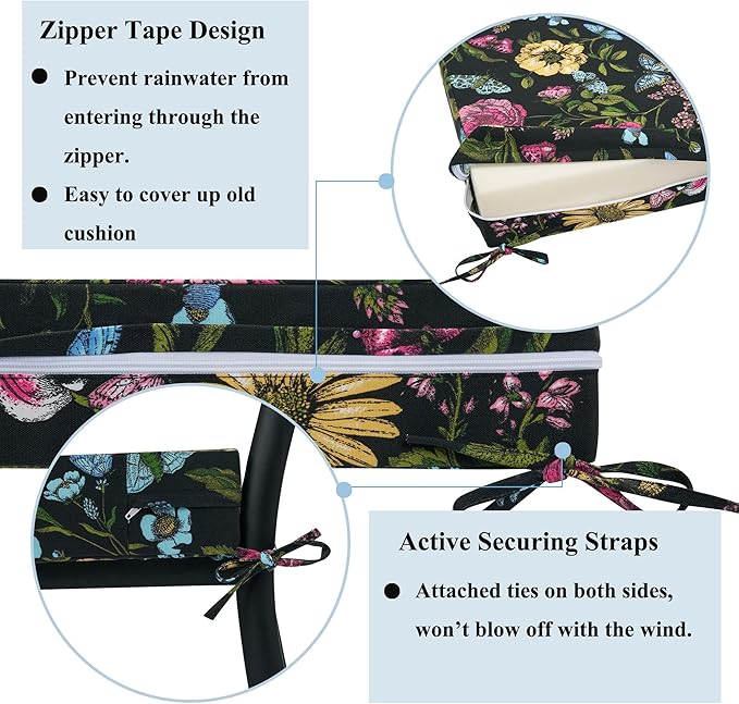 FUNHOME Outdoor Chair Cushion Covers 2 Pack, No Insert! Patio Cushion Covers Replacement 24" x 24" x 4", Water Resistant Patio Chair Cushion Slipcovers, Black Flower Butterfly(Covers ONLY)