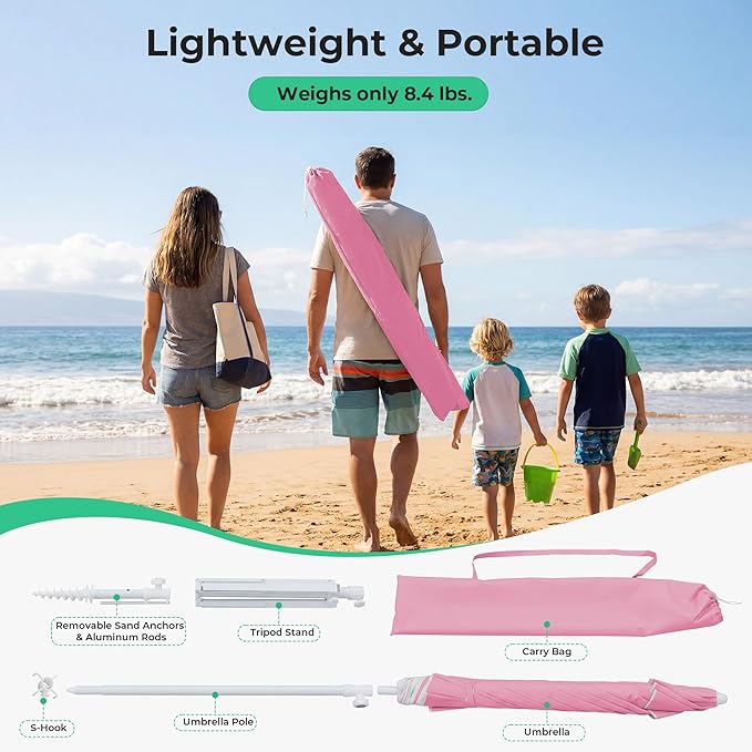 JEAREY 6.5ft Sun Shade Umbrellas, Portable Umbrella with Stand, Lightweight Sun Protection Free Standing Sport Umbrella for Outdoor Sports, Camping, Fishing, Patio, Beach, Sakura Pink