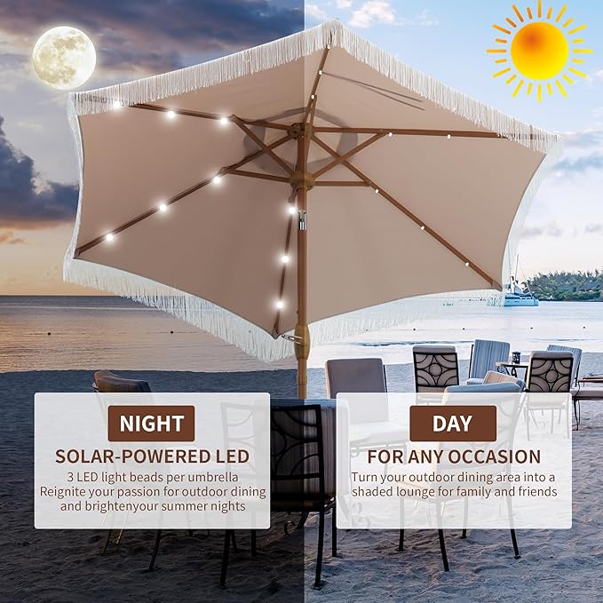 GDY 7.5ft Tassel Patio Umbrella and Matching Base, Outdoor Table Umbrella with 18 LED Lights,Market Umbrella with 6 Sturdy Ribs, with Push Button Tilt and Crank, Camel