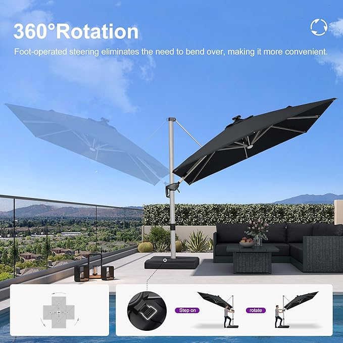 PURPLE LEAF Patio Umbrella with base 10 Feet Outdoor Square Cantilever Umbrella Solar Powered LED with 360-degree Rotation for Garden Deck Pool Patio, Black