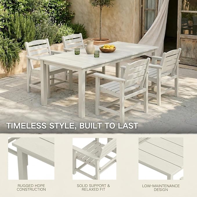 Kingdura 5 Piece Patio Dining Set for 4, 75.2'' HDPE Outdoor Dining Table Set with 2" Umbrella Hole, Weather-Resistant Outdoor Furniture, Table and Chairs Set for Backyard Pool Garden, White