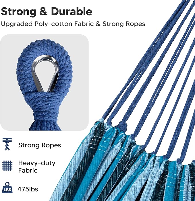 SUNCREAT Hammocks Outdoor Camping Double Hammock with Spreader Bar, Carrying Bag, Fabric Hammock for Backyard, Navy & Blue