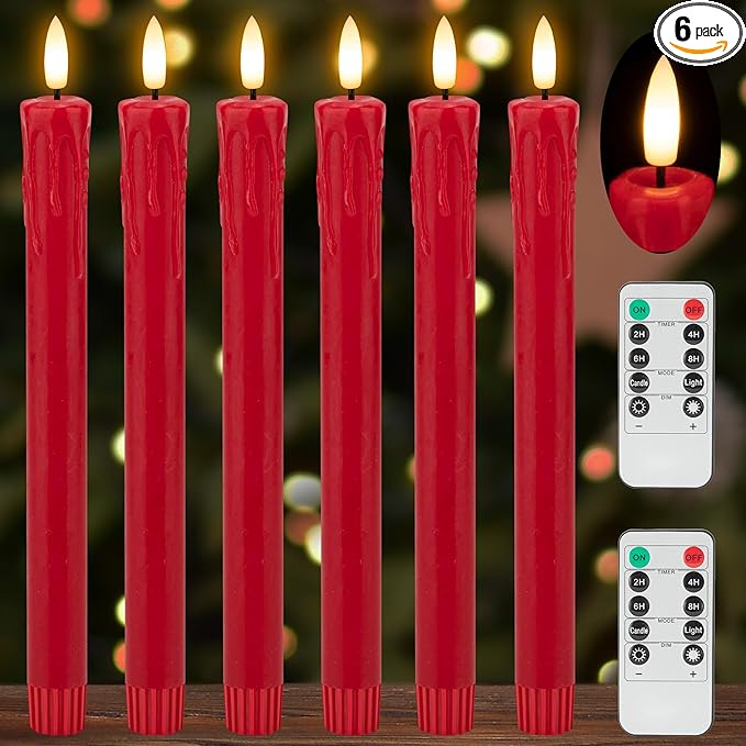 JOIONE Flameless Taper Candles with Remote Timer, 9.6" Red Real Wax Flickering Battery Operated Warm Light Electric LED Candle, Perfect for Christmas Party Wedding Decoration (6 Pack)