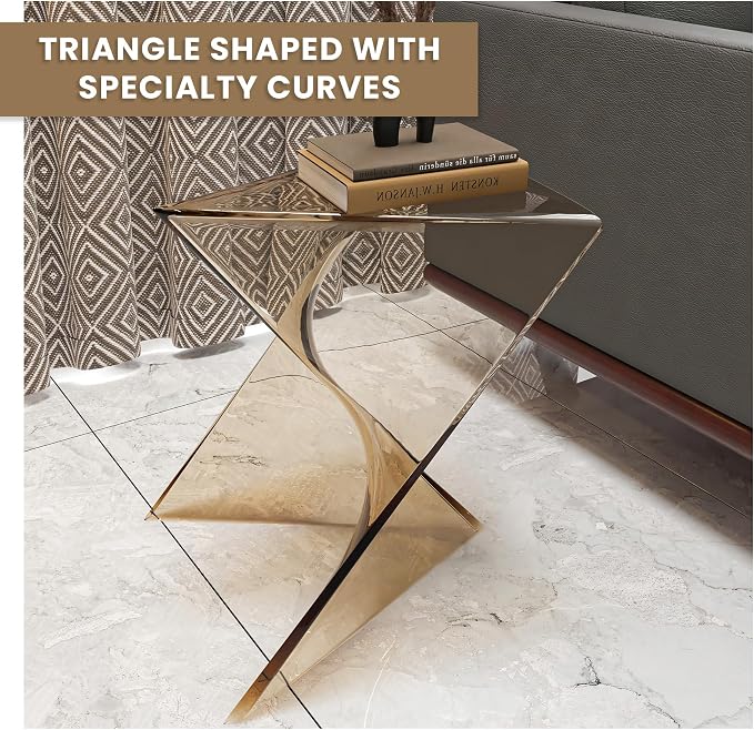 LeisureMod 15.75" Triangular Side Table, Stackable Plastic Accent End Table for Indoor & Outdoor Use, Weather-Resistant Modern Patio & Living Room Table, Set of 2, Amber (Transparent)