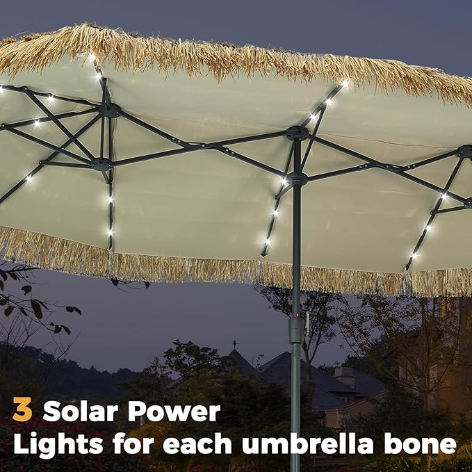 13ft Thatch Umbrella with Solar Lights Tiki Bench umbrella With Crank, Water-resistant for Bench, Patio,Pool