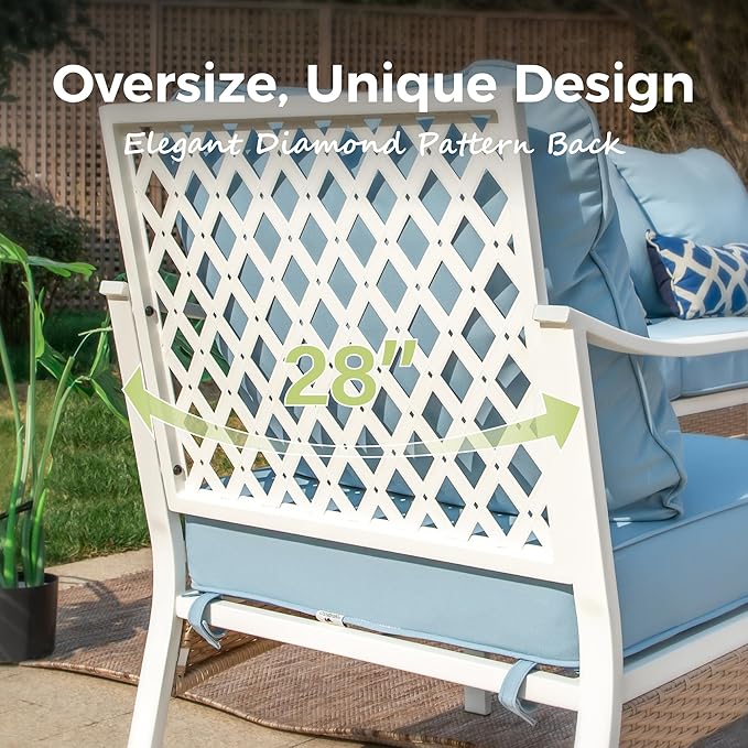 6 Piece Patio Furniture Set, 4 x Fixed Chair, 1 x 3-Seat Sofa with Marbling Coffee Table, All Cushioned 7 Seats Outdoor Conversation Set for Lawn Garden Backyard, Blue