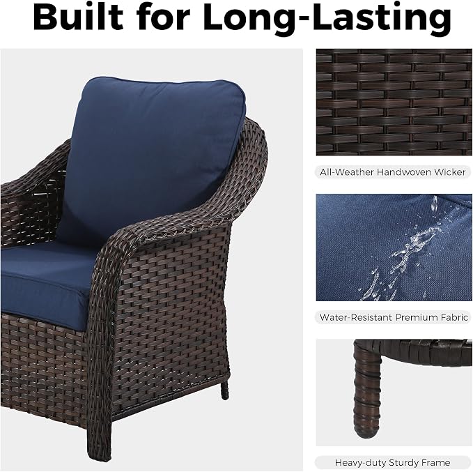 7 Piece Patio Wicker Conversation Set, All-Weather Use Outdoor Wicker Loveseat with 4 PE Rattan Ottomans,4 Chair, Ideal for Porch, Backyard, Balcony, Poolside, Blue