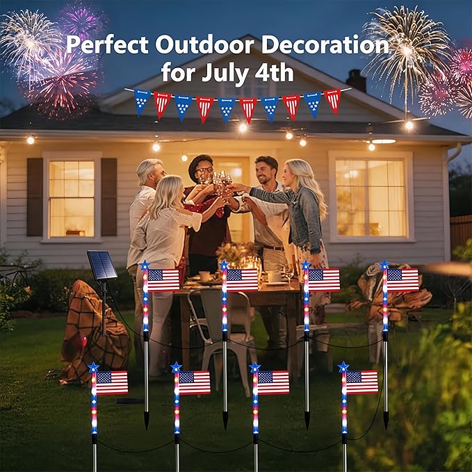 4th of July Decorations Outdoor, 8 Piece Flag Light Set with Timer, Red White and Blue Solar Pathway Lights, American Flag Yard Garden Lights IP65 Waterproof(8-Piece Flag Light Set)