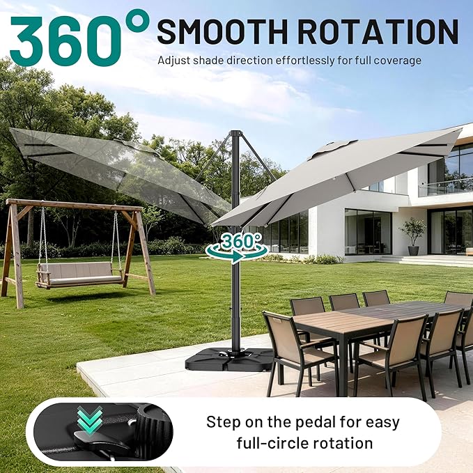 AreShark 10 X 10 FT Cantilever Patio Umbrella, 360-Degree Rotation Square Hanging Offset Umbrella with Crank, Heavy Duty Patio Umbrella for Patio, Pool, Garden, Deck, Light Grey