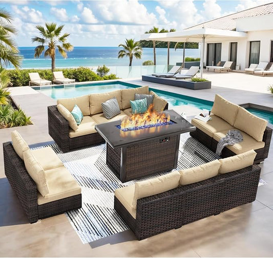 Patio Furniture Set 11 Pieces with 44" Fire Pit Table, Rattan Outdoor Sectional Conversation Sets, All Weather Outdoor Furniture Set with Cushions for Garden Lawn Balcony Porch Deck Beige