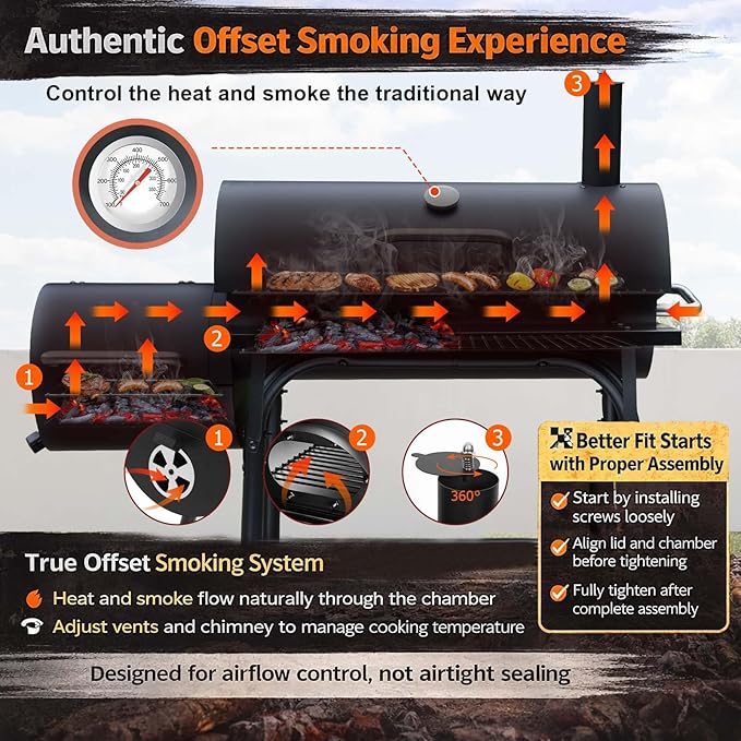 Realcook Charcoal Grills with Offest Smokers: Spacious Barrel Charcoal BBQ Grill | Barbecue Smoker Grill Combo for Outdoor Backyard Patio Camping Picnic and Party