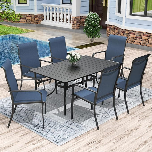 Anmutig 7 Pieces Outdoor Patio Dining Set with Umbrella Hole, 63" Large Rectangle Table with Heavy Duty Steel Frame, Outdoor Furniture Set for Backyard, Deck, Garden
