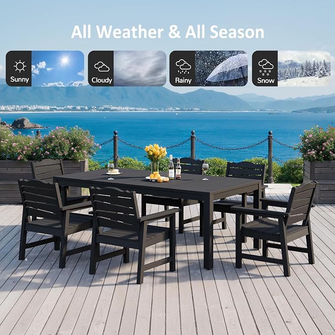 7-Piece Patio Dining Set, 63" Outdoor Dining Rectangle Table w/Aluminum Frame and 6 Chairs, Weatherproof HIPS Dining Furniture with Umbrella Hole, for Backyard Garden Deck Poolside, Black