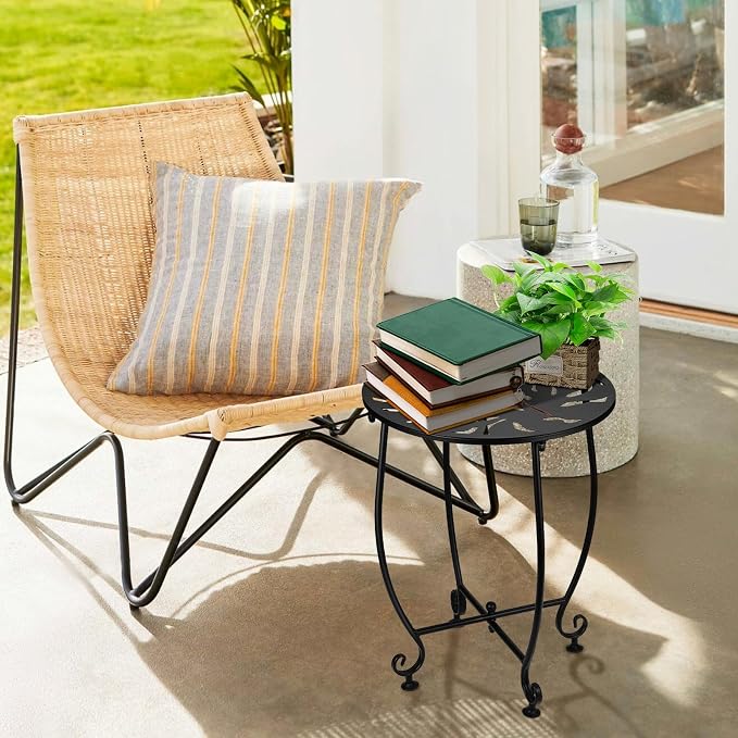 2 Pack Small Outdoor Side Tables for Patio, 14 Inch Metal Patio Side Table, Weather Resistant Steel Outdoor Round End Table for Patio Porch Garden Yard Balcony, Black (Turtle Leaf)