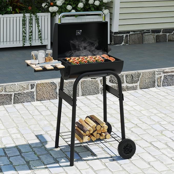 Giantex Portable Charcoal Grill with Foldable Side Table, Outdoor BBQ Smoker Grill with Wheels, Thermometer, Adjustable Air Vent, Bottom Shelf, Barrel Barbecue Grills for Patio, Camping & Tailgate