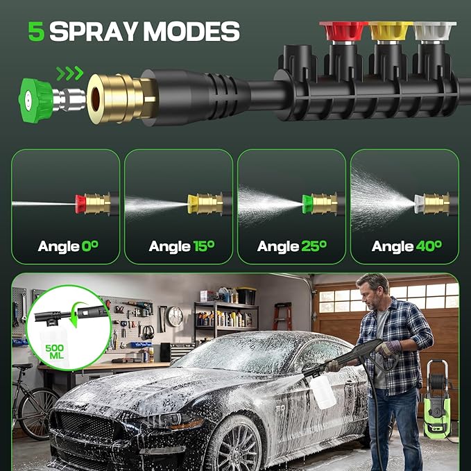 Electirc Pressure Washer 5000 PSI with 3 Levels Adjustable Pressure Gun, Portable Pull-Handle, 4 Nozzles and Foam Cannon, Heavy Duty Pressure Cleaner for Home/Car/Fence/Garden, Green