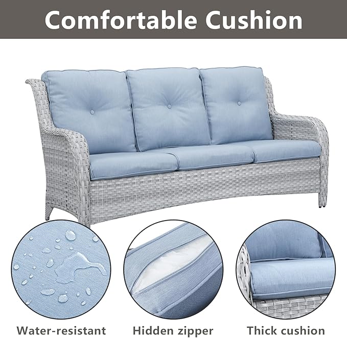 Rilyson Outdoor Couch Wicker Patio Sofa - 3 Seat Rattan Sofa with Deep Seating and Comfortable Cushions for Porch Deck Balcony Garden(Light Grey/Sky Blue)