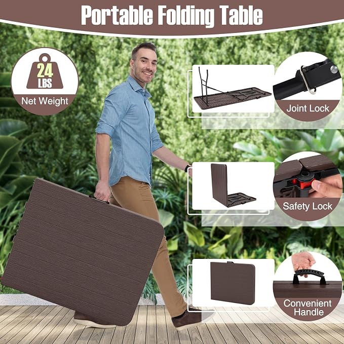 Goplus 6ft Plastic Folding Table, 350 LBS Indoor Outdoor Heavy Duty Portable Folding Tables with HDPE Tabletop, Handle, Lock, Foldable Rectangle Utility Card Table for Picnic, Party, Camping, Dining
