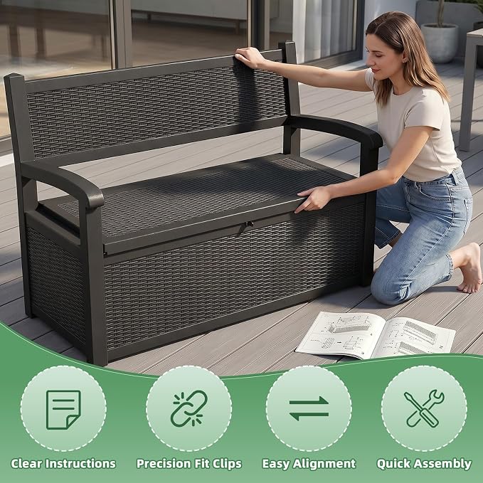 80 Gallon Outdoor Storage Bench Waterproof Resin Lockable UV Resistant Deck Box Benches Furniture Outside Porch Patio Pool Garden Tool Cushion Black