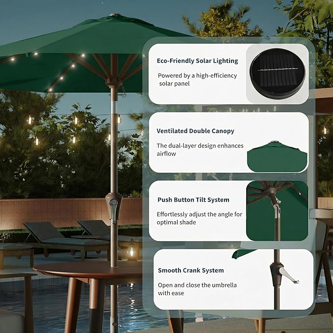 9FT Solar Umbrella 32 LED Lighted Patio Umbrella Table Market Umbrella w/Tilt and Crank, UV-Resistant Outdoor Umbrella for Pool, Garden, Deck, Forest Green