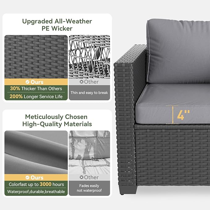 Aoxun 7 Piece Patio Furniture Set with Fire Pit Table, 10 Seats Outdoor Furniture Set with Wicker Ottomans, Rattan Outdoor Sectional Sofa with Thickened Cushion & Waterproof Cover Grey