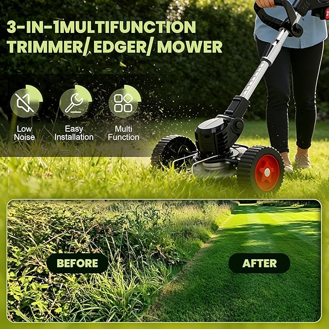 Cordless Electric Weed Wacker, 3-in-1 No String Electric Eater Battery Powered Grass Trimmer Lawn Edger Brush Cutter, Lightweight Portable Weed Trimmer with 4 Blades & Wheels for Yard Lawn Garden