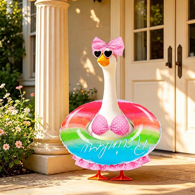Porch Goose Summer Outfit, 23 Inch Hawaiian Bikini Costume, Accessories Include Bow, Sunglasses & Swim Ring, Fits Cement Goose Statue for Garden Patio Yard Outdoor Decor (Polka Dot)