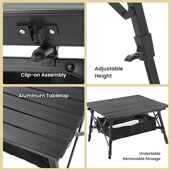 ARROWHEAD OUTDOOR 39" Aluminum Folding Camp Roll Up Table w/Adjustable Height, Undertable Mesh Storage, Carry Bag
