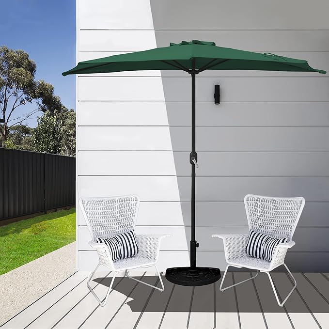 WO Home Furniture 9 ft Half Market Outdoor Umbrella With Sturdy Half Base included, Polyester Canopy, All Weather and UV Resistant for your Patio, Awning, Window, Garden, Balcony, Dark Green