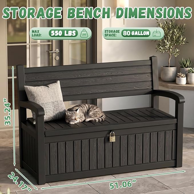80Gal Resin Outdoor Deck Storage Bench, Lockable Waterproof UV Protected Patio Box, Weatherproof Porch Pool Garden Furniture for Yard Tools & Seat Cushions, Black