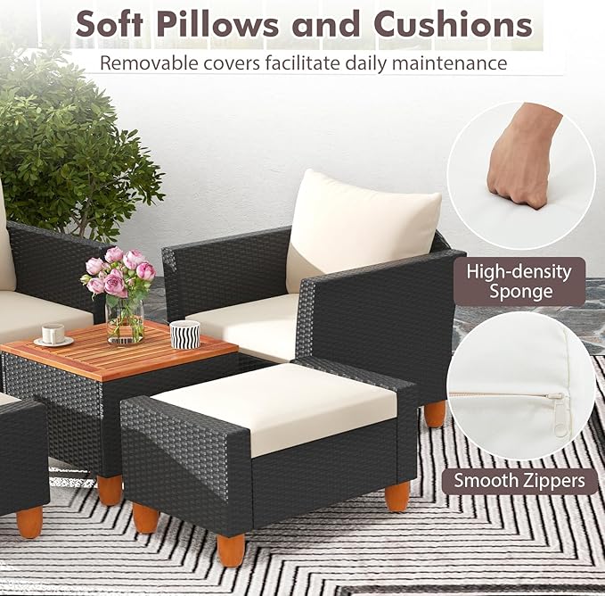 Tangkula 5 Pieces Patio Furniture Set, PE Rattan Chairs with Storage Table, Ottomans, Soft Pillows & Cushions, Acacia Wood Tabletop & Legs, Outdoor Conversation Set for Porch, Garden (White)