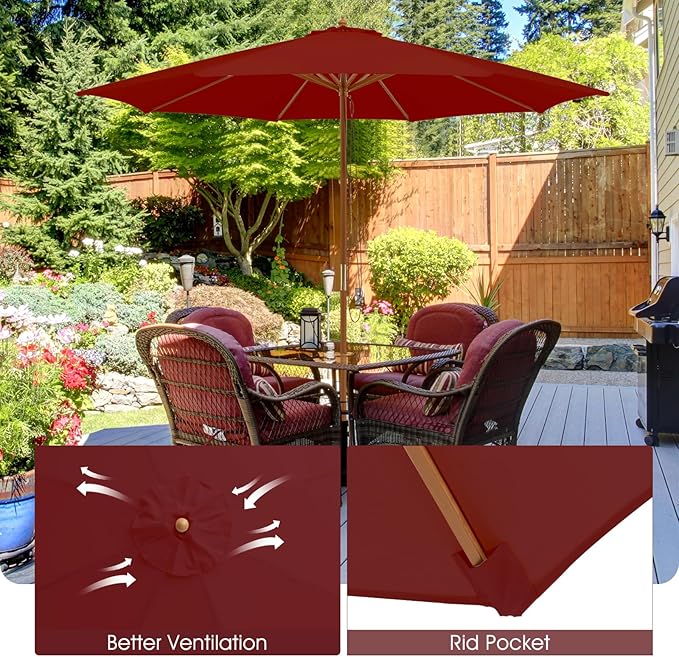 Giantex 10FT Patio Umbrella, Outdoor Table Market Umbrella with 8 Bamboo Ribs, Pulley Lift and Ventilation Hole, Outdoor Sunshade Umbrella for Poolside Backyard Beach