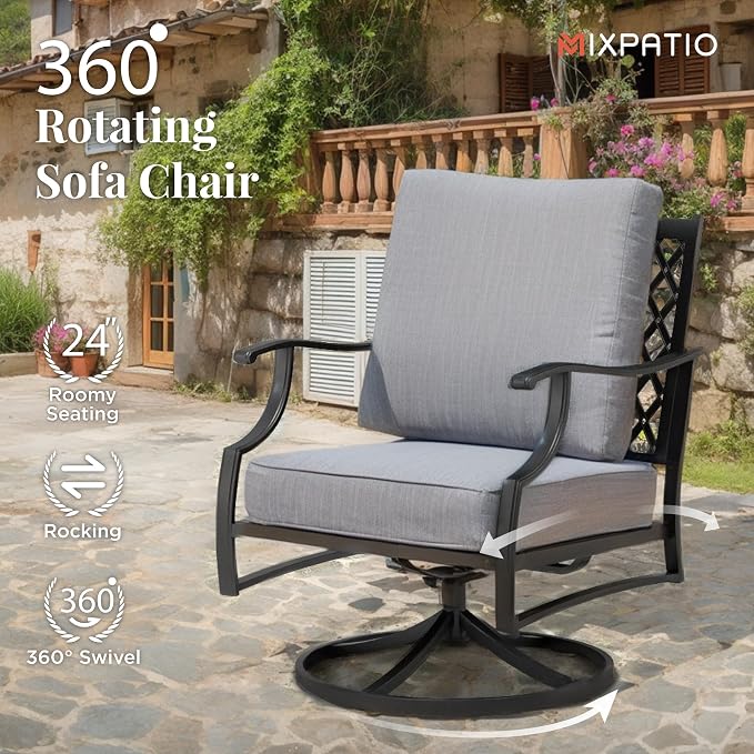 MIXPATIO Patio Furniture Set with Fire Pit Table, 5 Pcs Metal Outdoor Conversation Set, 4 Swivel Chairs with 5.75" Extra Thick Cushion and 28" Fire Pit Table for Backyard Deck, Grey