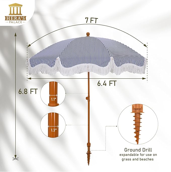HERA'S PALACE 7ft Heavy Duty Beach Umbrella with Sand Anchor, Fringe Umbrella for Sand, UV 50+, Patio Umbrella with Tilt Pole for Garden Pool Backyard
