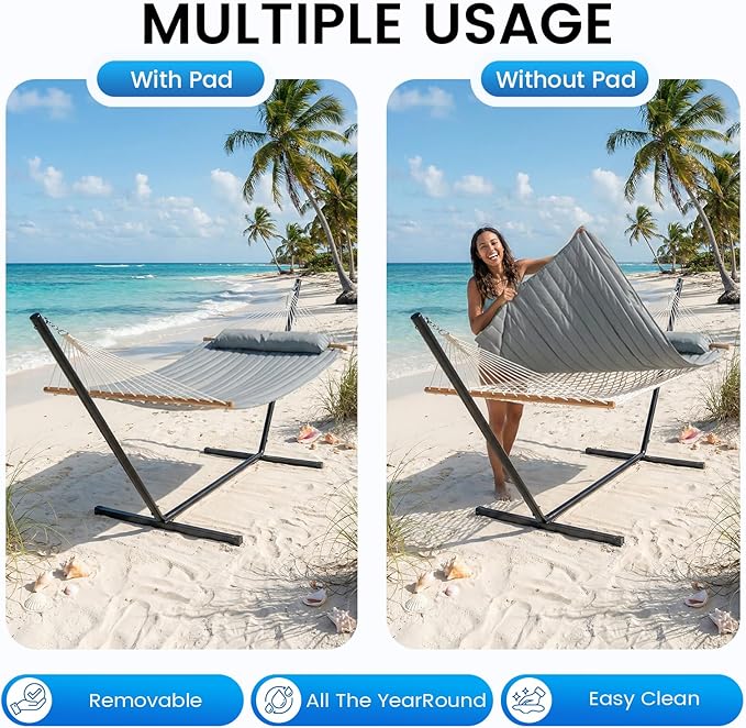 Double Hammock with Stand – Portable Cotton Rope Hammock with Removable Quilted Pad & Pillow, Adjustable Steel Frame for Patio, Backyard, Garden, Park, Camping & Outdoor Relaxation – Gray