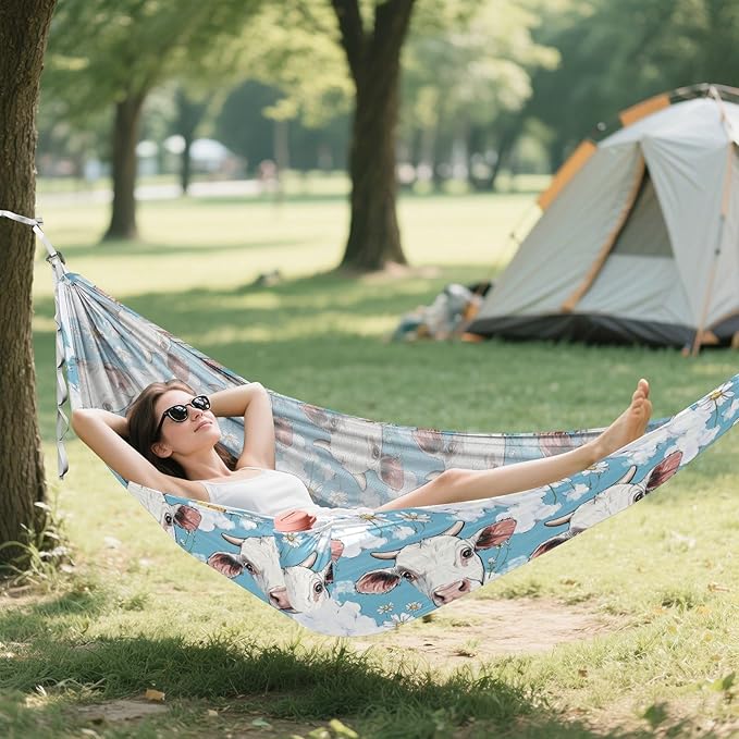 Cartoon Cute White Cow 330lb Capacity Camping Hammock Cloth Hammock for Outside Patio Garden hamacas para adultos