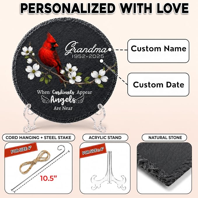 Memorial Garden Stones for Loved Ones, Red Cardinal Garden Stones in Memory of Dad Mom, Bereavement Sympathy Gift for Loss, Weatherproof Outdoor Memorial Plaque Stone, Remembrance Natural Stone